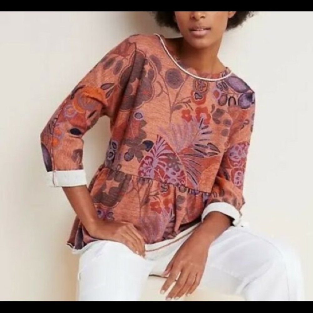 Anthropologie Saturday Sunday Colleen Floral Terry Peplum Sweatshirt Orange